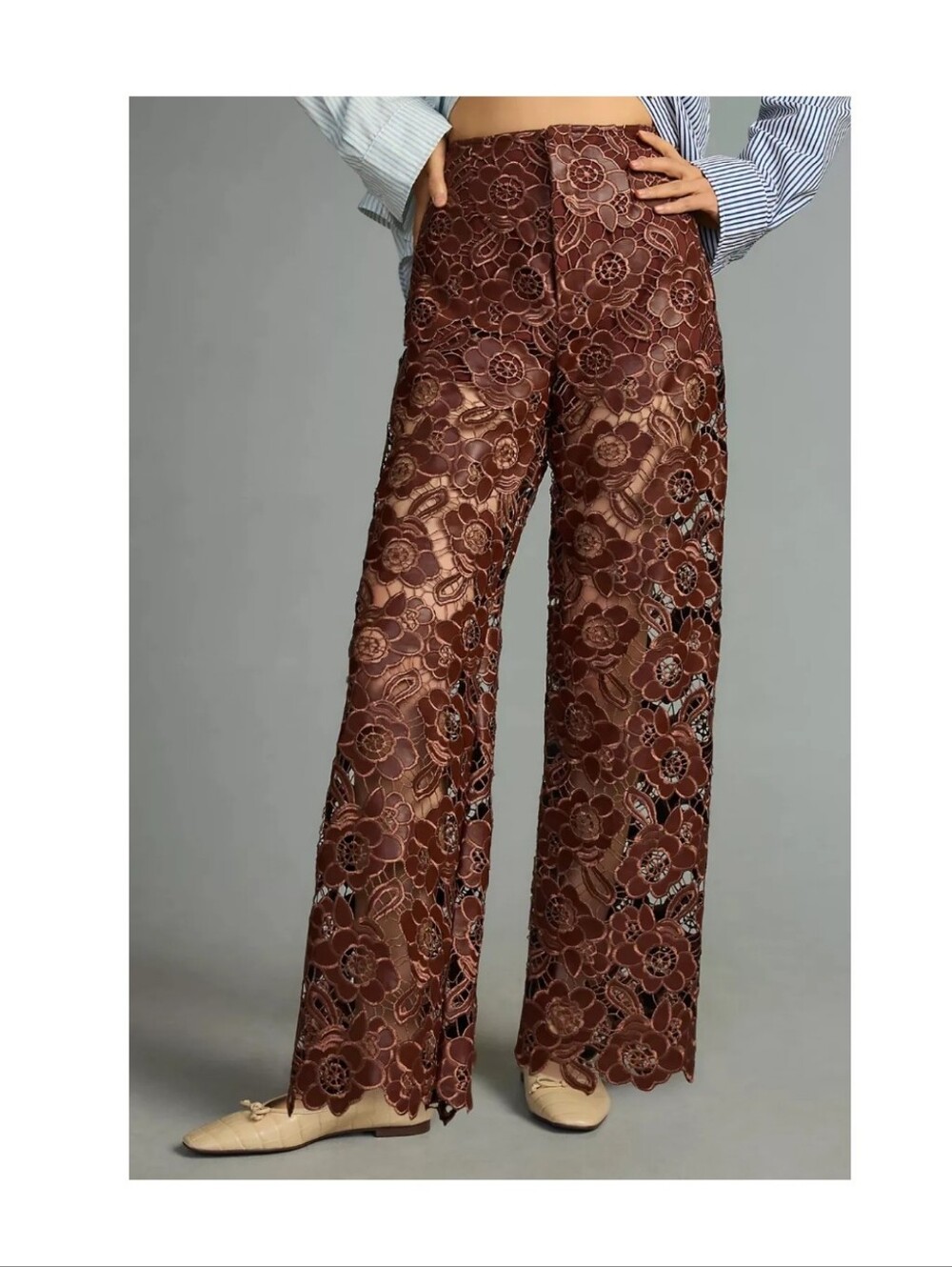 Anthropologie Brown Floral Lace Vegan leather Wide-Leg Pants - Picture 4 of 4